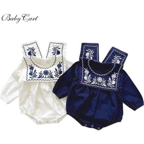 Autumn Newborn Baby Girls Floral Embroidery Navy Style Bodysuit Kids Long Sleeve Solid Color Jumpsuit Clothes