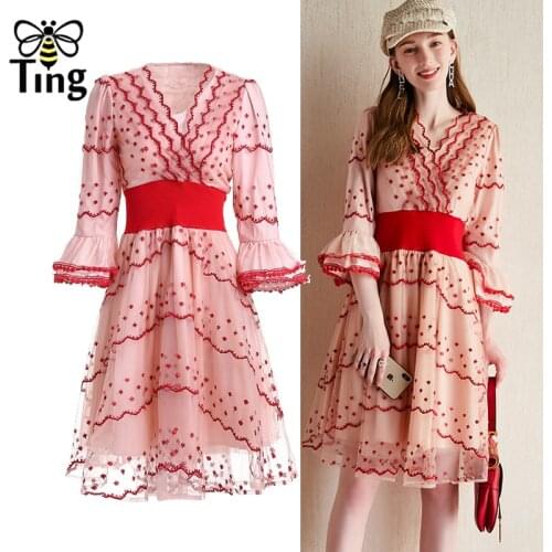 Tingfly 2020 Vogue Summer Sweety Girls Pink Party Dresses Flare Sleeve Embroidery Lace Mini Dress Casual Layered Design Vestidos