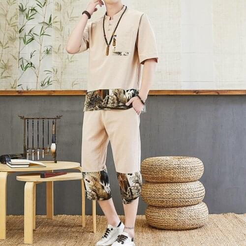 2021 Summer Chinese Style MenS Casual Suit Cotton Linen Short Sleeve T-Shirt+Cropped Pants Set Vintage Tracksuit Male 30099