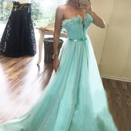 Mint Prom Dresses 2020 A line Long Tulle Gown Off Shoulder Evening Dress Flowers Girl Flowers Hem Formal Gown Bow Knot Belt Gown