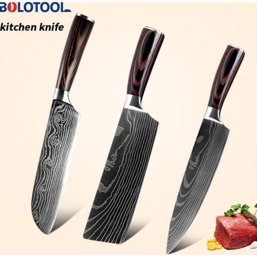 Knife Kitchen Set Damascus Laser Pattern 3PCs Japanese Chef Nakiri Meat Cleaver Santoku Fish Filleting Knives 440C Steel