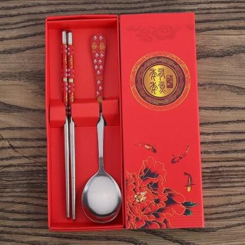 2Pcs Stainless Steel Tableware Set Creative Blue And White Porcelain Spoon Chopsticks Dinnerware Sets