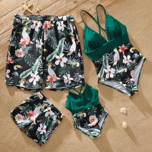 PatPat New Summer Family Look Deep V-neck Floral Print Stitching Solid One-piece Matching Swimsuits