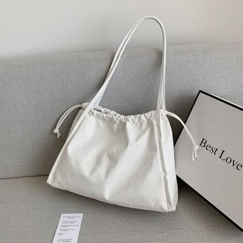 Casual Simple Womens Totes Shoulder Bag Art Small Fresh Shopping Bag PU Leather Solid Color Drawstring Handbags for women 2021