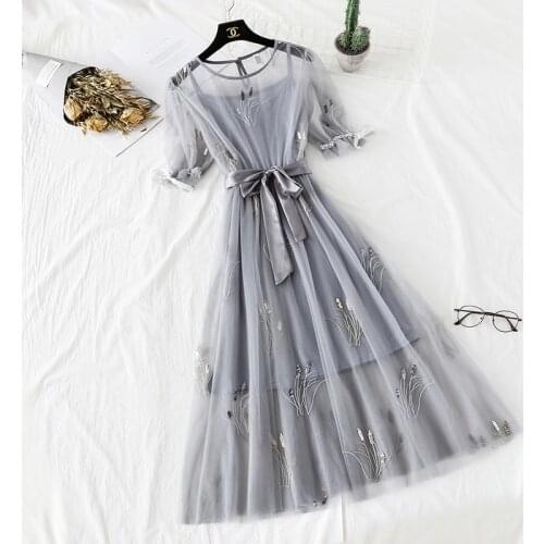 2021 Summer New Arrivals Embroidered Mesh Dress Women Two-piece Sets Sweet Sashes Sequined Dress O-Neck Bow Gazue Party Dresses