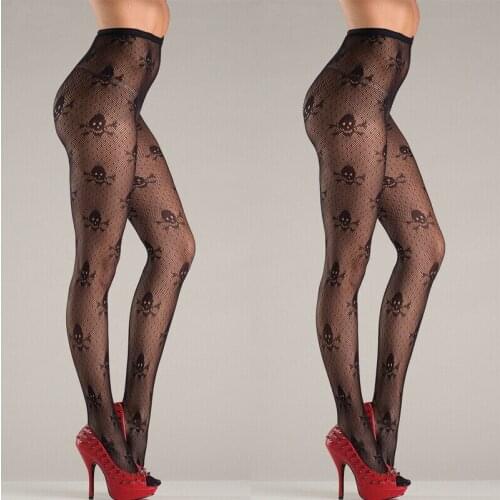 Halloween Sexy Tights Women Pantyhose Black Skull Print Mesh Thin See Through Pantyhose Female Ladies Hihg Waist Exotic Apparel