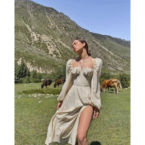 Off Shoulder Ruffles Fashion Floral Print Maxi Dresses Cottagecore Sexy Backless Split Long Dress Holiday Summer