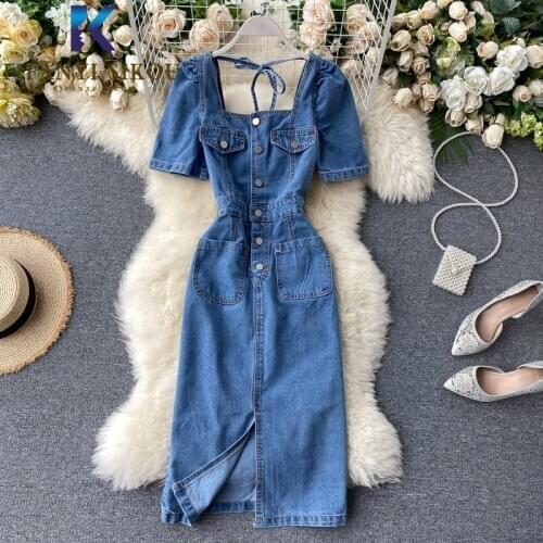 2020 Summer Women Denim Dress Square Collar Short sleeve Sexy Mid Long Dress Lady Fashion Single Breasted Pocket Jeans Dress
