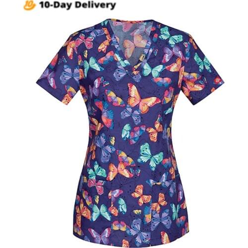 Working Nurse Uniform Tops Blouse Butterfly Print T Shirt Short Sleeve Pocket V Neck Nursing Clothes for Women Mukoti Yunifomu