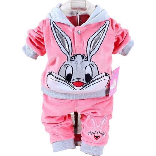 2021 Spring/Autumn Baby Set Velvet Rabbit Cartoon Print Hoodie+ Pant Long Sleeve Velour Baby Clothing Sets
