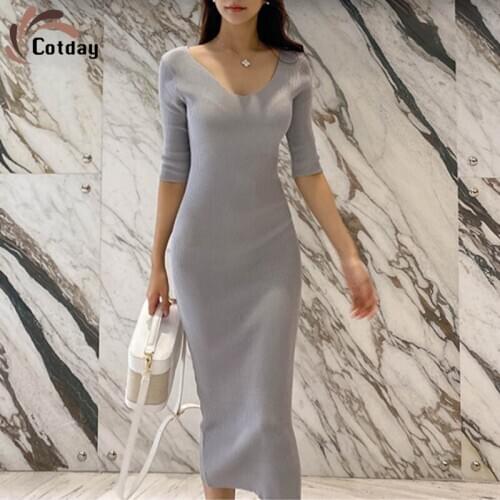 Cotday Knit Half Sleeve O-neck Dress Autumn And Winter Women Gray Ladies Temperament Slim One-step Over The Knee Sweater Dress