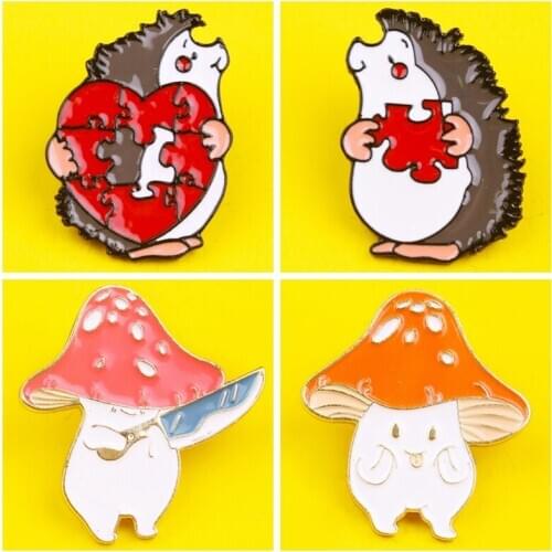 Funny Hedgehog Enamel Pin Badges Custom Cartoon Cute Mushroom Brooches Bag Lapel Pin Badge Plant Jewelry Gift for Kids Friends