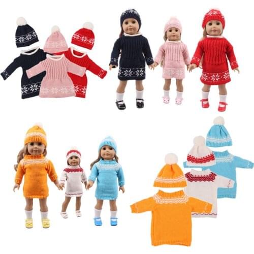 6Color Doll clothes 2Pcs/Set Hat + Knit Sweater Skirt, Suitable for 18 inch American & 43 Cm Born dolls, For Baby Girl Toys