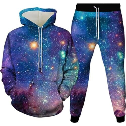 Fall Men Fashion Tracksuit Long Sleeve Harajuku Universe Galaxy Planet Star Printed Teen Clothing Women Hoodies+Trousers 2pcSet