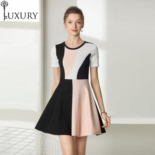 2020 High Quality Knitted Summer Casual Sweater Ladies Color Block Knitting Short Sleeve Pullover Dress Jumpers