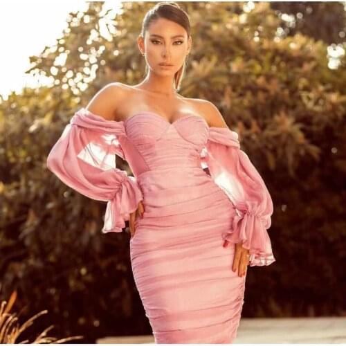 2021 Fashion Women Sexy Off The Shoulder Lace Long Sleeve Mini Bodycon Party Dress