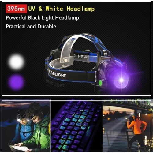 2021 New Portable USB Rechargeable Headlight Zoomable 5W 395nm UV Headlamp 4-Mode UV & White Head Torch For Camping Hunting