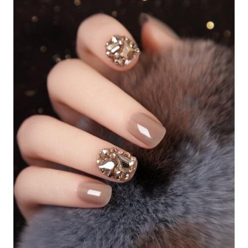 24pcs Champagne Gold Full Diamond Short Nails Short Fake Nail False Nail Detachable Manicure Tool With 2g Glue