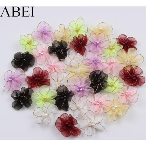 30pcs/lot Multicolor Beaded Organza Flower DIY Headwear Wedding Party Dress Shoes Hats Decorative flowers Sewing Material