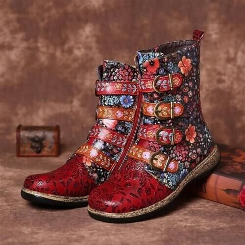Women Boot Retro Printed Metal Buckle Genuine Leather Zipper Ankle Boots Fashion Ladies Shoes Female Botines Mujer 2020