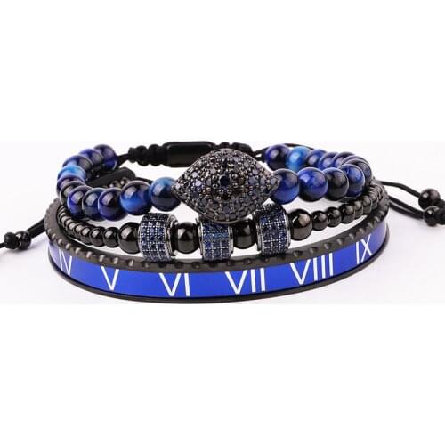 High Quality Luxury Blue Zirconia Stone Eye Charm Stainless Steel Bangle Macrame Friendship Bracelet Set Men Jewelry Gift