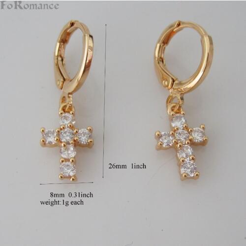 Foromance/- YELLOW GOLD GP OVERLAY DANGLE TALL 1 inch EARRING JESUS CROSS CHRISTIAN RELIGION WITH STONES