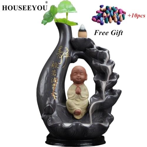 HOUSEEYOU Monk Backflow Incense Burner + 10PCS Cones Ceramic Aromatherapy Aromatic Home Office Incense Crafts Tower Holder 19CM