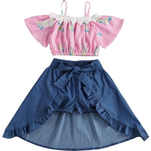 3Pcs Girl Clothing Stripe Daisy Cropped Tops and Solid Color Short Pants with Wrapped Skirt Children Outfits Kids Wear
