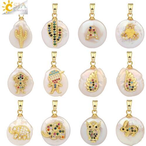 CSJA Freshwater Pearl Pendant Wing Animal Elephant Owl Rabbit Plant Cactus Pendants Necklace with Rhinestone for Women Girl G216
