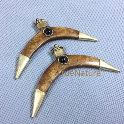 Fashion Double Resin Horn Pendant Inlay Electroplated Jewelry Charm Black Crystal Pendants Charms In 40*75 mm PM4012