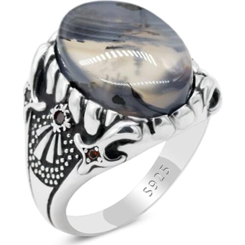 Solid 925 Sterling Silver Men Ring Natural Agate Stone&CZ Stone Handmade Turkish Wedding Rings For Men Vintage Jewelry Ring