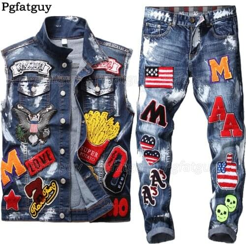 Mens Jeans Suit Washed Embroidered Paint Sets Skull Cowboy Vest + Small Straight Flag Badge Slim Jeans Street Style 2 Piece Set