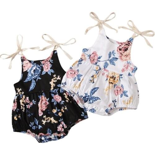 0-24M Toddler Baby Girl Clothes Summer Floral Print Bow Spaghetti Straps Bodysuit Infant Jumpsuit Sleeveless Childrens Clothing