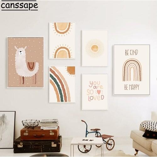Alpaca Posters and Prints Rainbow Paintings Sunshine Poster Nursery Canvas Painting Boho Wall Pictures Baby Kids Room Decoration
