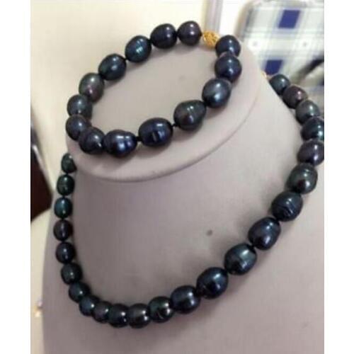 STUNNING 11-13MM SOUTH SEA BLACK PEARL NECKLACE 18 INCH BRACELET 8" 925silver CLASP