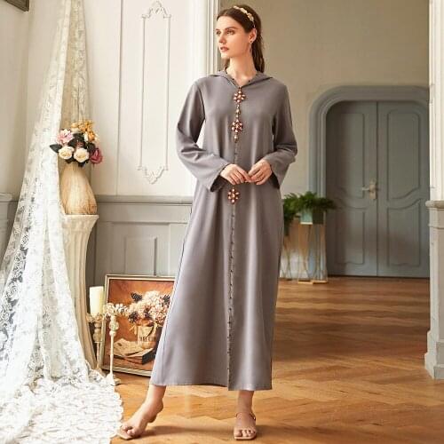 BT001 Grey Split Hooded Maxi Dress Woman Abaya Dubai Evening Clothes Muslim With Hat 2021 Luxury Moroccan Caftan Red Rhinestones