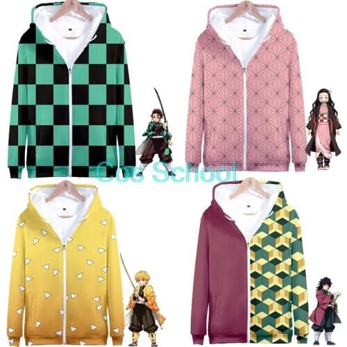 Cos School Kamado Tanjirou Nezuko Hoodies Demon Slayer Kimetsu no Yaiba Costumes Tomioka Giyuu Zenitsu Printed Zipper Sweaters