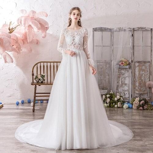 Wedding Dresses Illusion Sequined O-Neck Tulle Lace Embroidery Floor-Length Luxury Backless White Vintage Women Bride Gown GB055