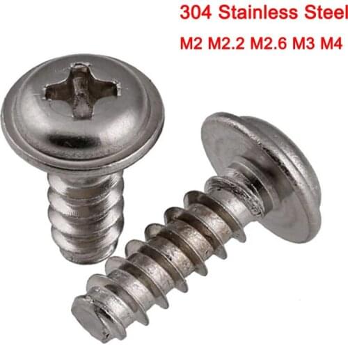 50Pcs 304 Stainless Steel Pan Head With Washer Screws Round Head Philips Screws Flat Tail Self Tapping Screw M2 M2.2 M2.6 M3 M4
