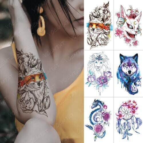 Waterproof Temporary Tattoo Sticker Fox Lion Cat Wolf Dragon Flash Tattoos Dream Catcher Rose Body Art Arm Fake Tatoo Women Men