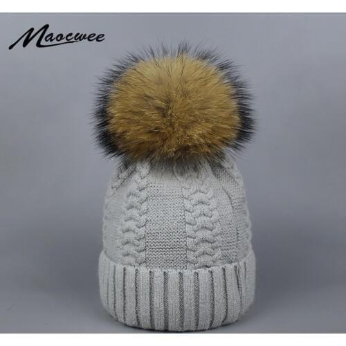 Nature Fur Pompom Hat For Women Winter Beanies Hats Casual Solid Gray Black White Knitted Wool Skullies Caps Hats Soft Warm Bone