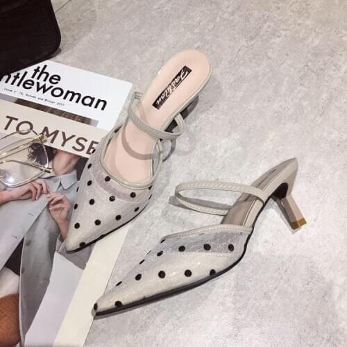 2019 New Polka Dot High Heel Women Sandals Pointed Toe Lace Mules Sandals Shoes Vintage Geometry Heel Women Sandals