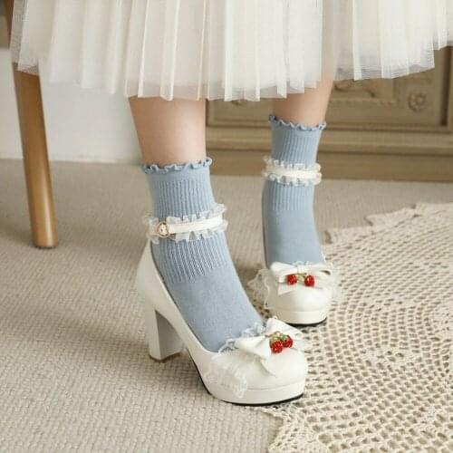 Womens Bowknot Platform Block High Heel Lolita Pumps Sandals Shoes Mary Jane Lace Strawberry Plus Big Size 31 32...46 47 48