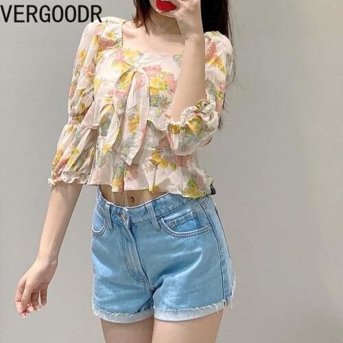 Retro Floral Print Cropped Womens Shirts Summer New Boho Long Sleeve Bodycon Blouses Pullover Chiffon Ladies Tunic Tops 2021