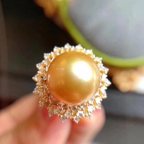 D305 Fine Jewelry 925 Sterling Silver 13-12mm Natural Fresh Water Golden Pearls Rings for Women Fine Pearls Rings