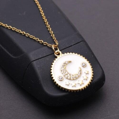 Stars Moon Drip Oil Necklace Full Of Diamonds Copper Gold-plated Pendant Choker Stainless Steel Chain For Women Fashion Jewelry