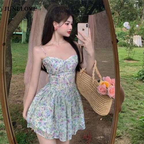 JuneLove Summer Vintage Floral Strap Dress Women Strapless V-Neck Party Sexy Mini Sundress Vintage Chic Y2k Elegant Boho Dress