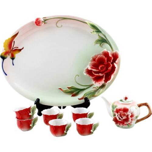 [1Teapot + 6Cups + 1Tray] Authentic 8 Pcs Bona China Tea Set Coffee Mug Set Peony Flower Teapot Cups Coffee Pot Cups Home Gifts