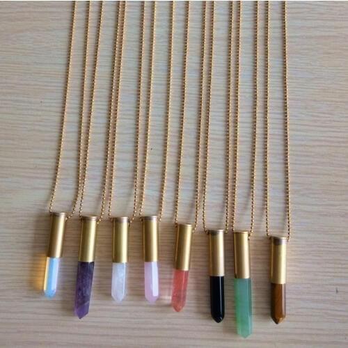1Pc Super Vintage Natural Stone Black White Blue Geometric Quartz Brass Bullet Pendant Long Beads Chain Women Necklace