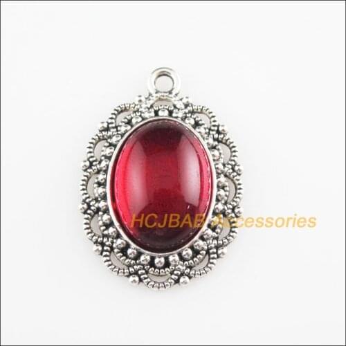 5 New Oval Charms Red Glaze Flower Pendants Tibetan Silver Tone 22x32mm